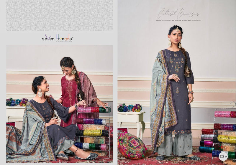Seven Threads Nazakat Viscose Silk Fancy Stylish Party Wear Kurtis With Sharara Style Bottom & Dupatta