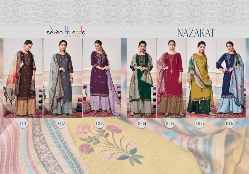 Seven Threads Nazakat Viscose Silk Fancy Stylish Party Wear Kurtis With Sharara Style Bottom & Dupatta