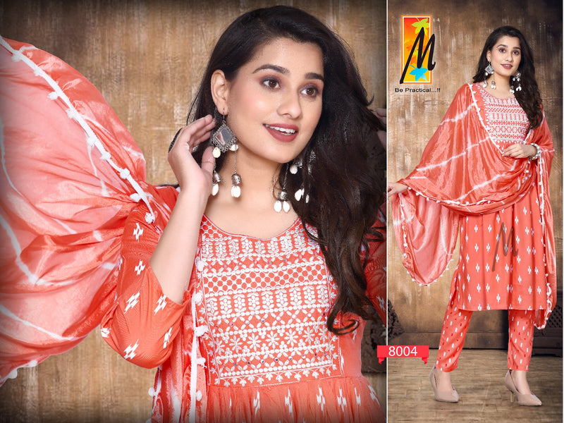Master Nazakat Printed Rayon Nayra Cut Embroidery Fancy Designer Partywear Kurti