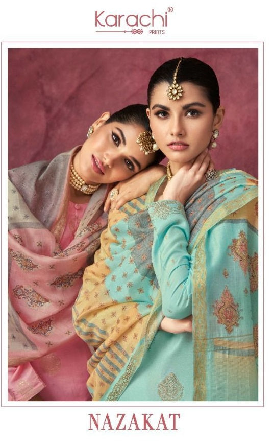Karachi Dno 18001 To 18006 Muslin With Embroidery Work Stylish Designer Party Wear Salwar Kameez