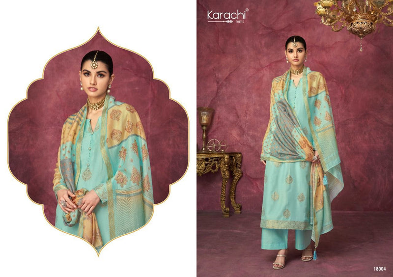 Karachi Dno 18001 To 18006 Muslin With Embroidery Work Stylish Designer Party Wear Salwar Kameez