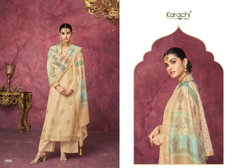 Karachi Dno 18001 To 18006 Muslin With Embroidery Work Stylish Designer Party Wear Salwar Kameez