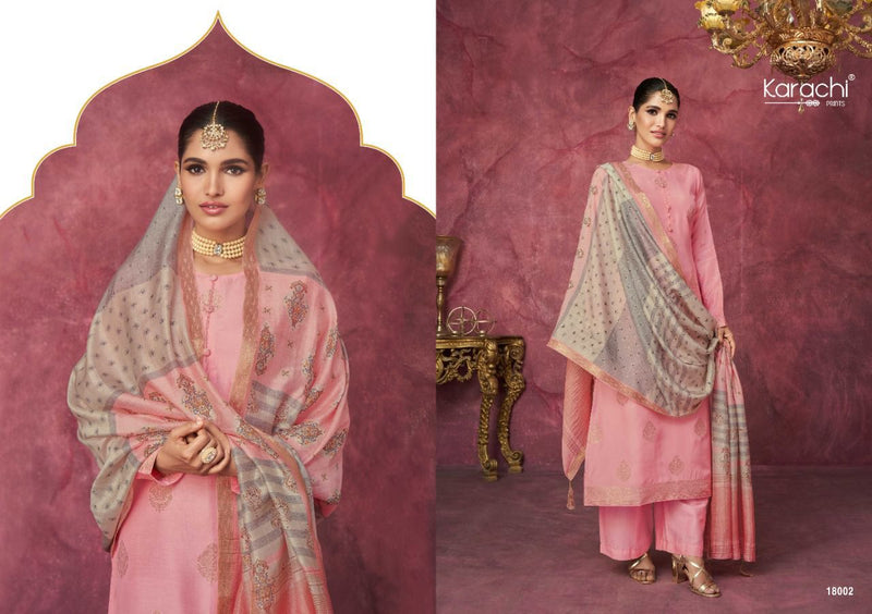 Karachi Dno 18001 To 18006 Muslin With Embroidery Work Stylish Designer Party Wear Salwar Kameez