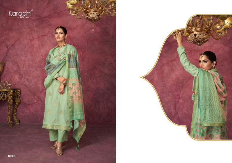 Karachi Dno 18001 To 18006 Muslin With Embroidery Work Stylish Designer Party Wear Salwar Kameez
