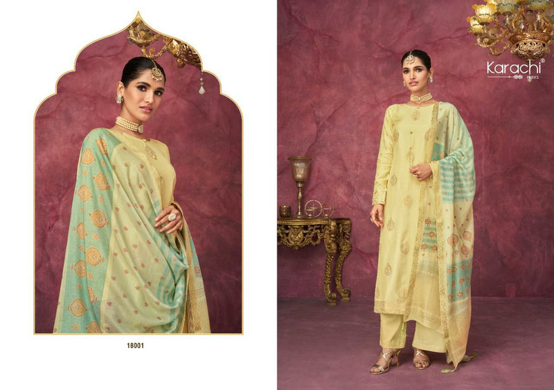 Karachi Dno 18001 To 18006 Muslin With Embroidery Work Stylish Designer Party Wear Salwar Kameez