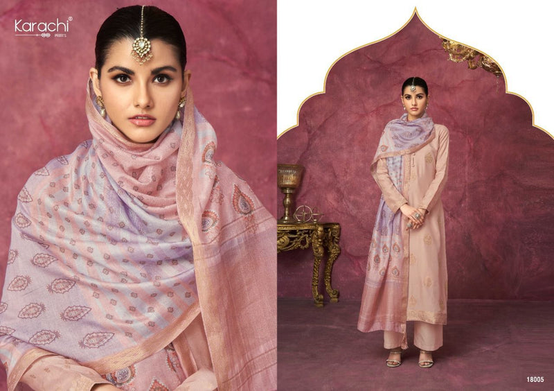 Karachi Dno 18001 To 18006 Muslin With Embroidery Work Stylish Designer Party Wear Salwar Kameez
