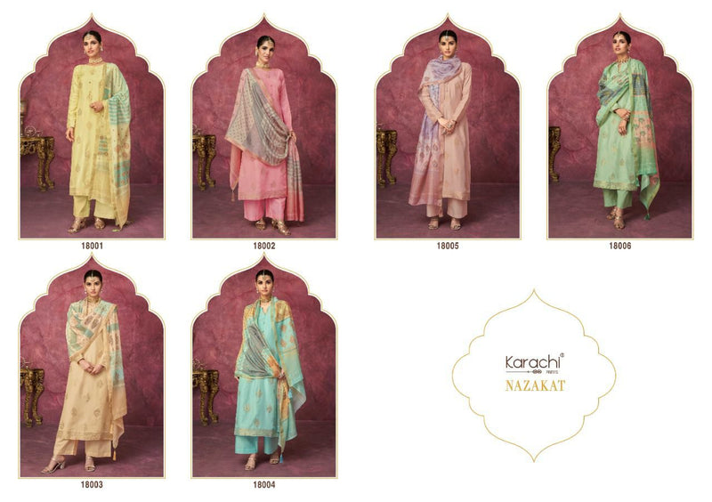 Karachi Dno 18001 To 18006 Muslin With Embroidery Work Stylish Designer Party Wear Salwar Kameez