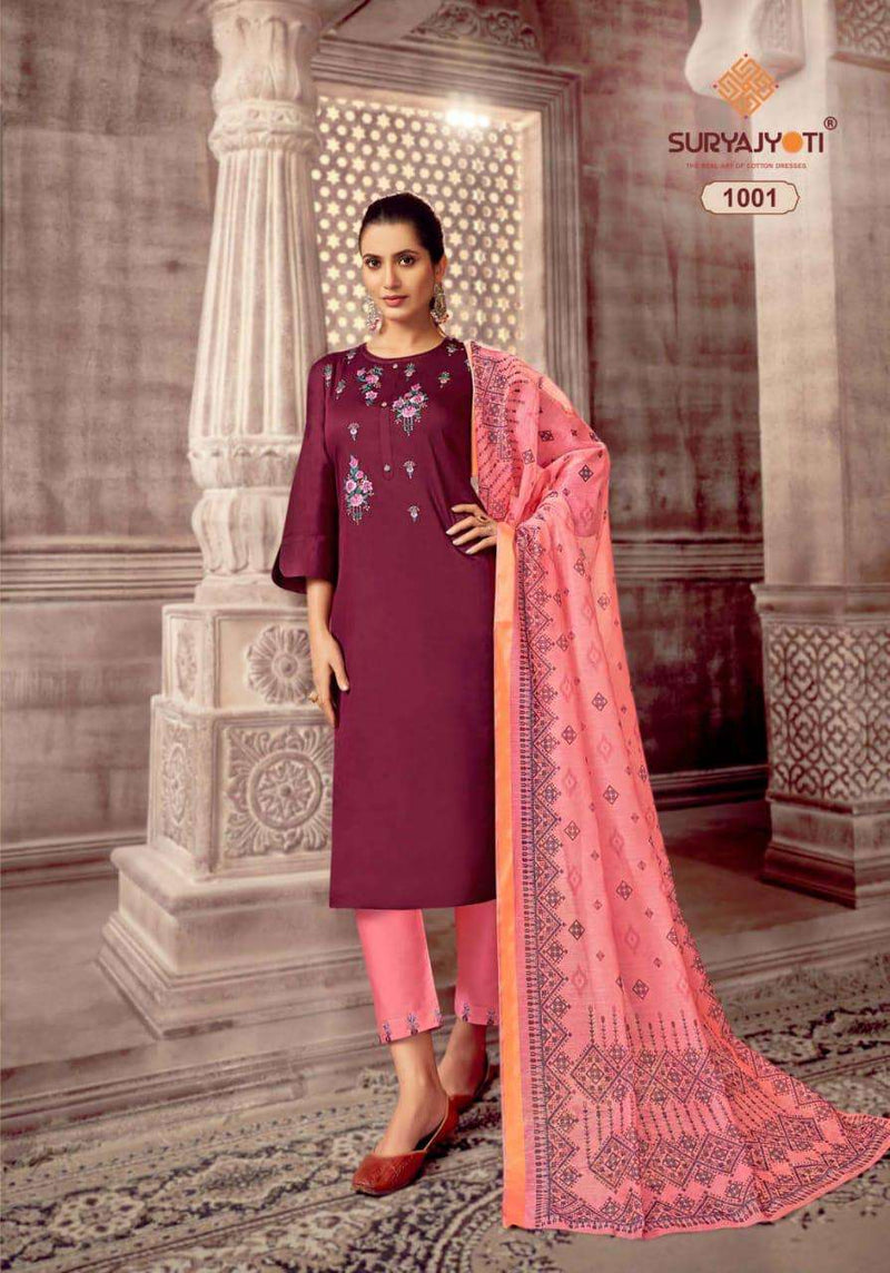 Surya Jyoti Neeza Vol 1 Jam Satin A Line Fancy Stylish Party Wear Kurtis With Set Of Bottom & Dupatta