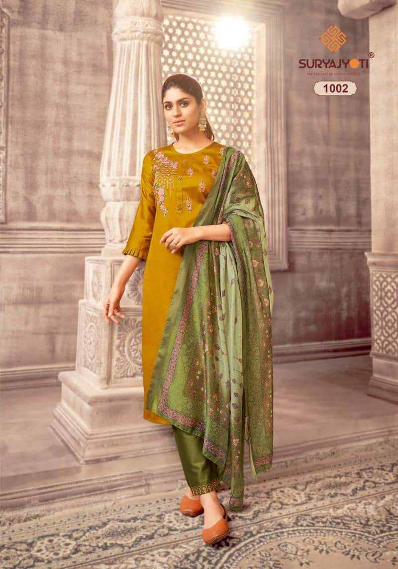 Surya Jyoti Neeza Vol 1 Jam Satin A Line Fancy Stylish Party Wear Kurtis With Set Of Bottom & Dupatta