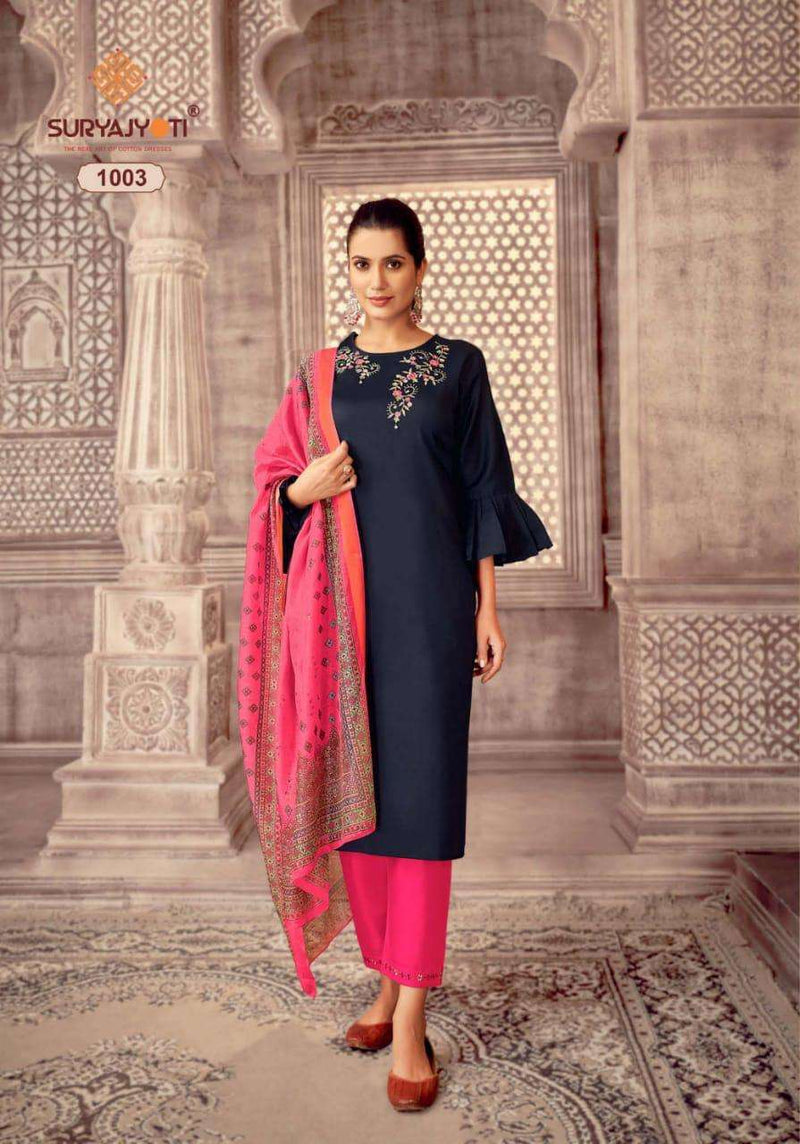 Surya Jyoti Neeza Vol 1 Jam Satin A Line Fancy Stylish Party Wear Kurtis With Set Of Bottom & Dupatta