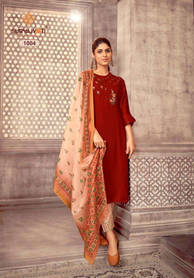 Surya Jyoti Neeza Vol 1 Jam Satin A Line Fancy Stylish Party Wear Kurtis With Set Of Bottom & Dupatta