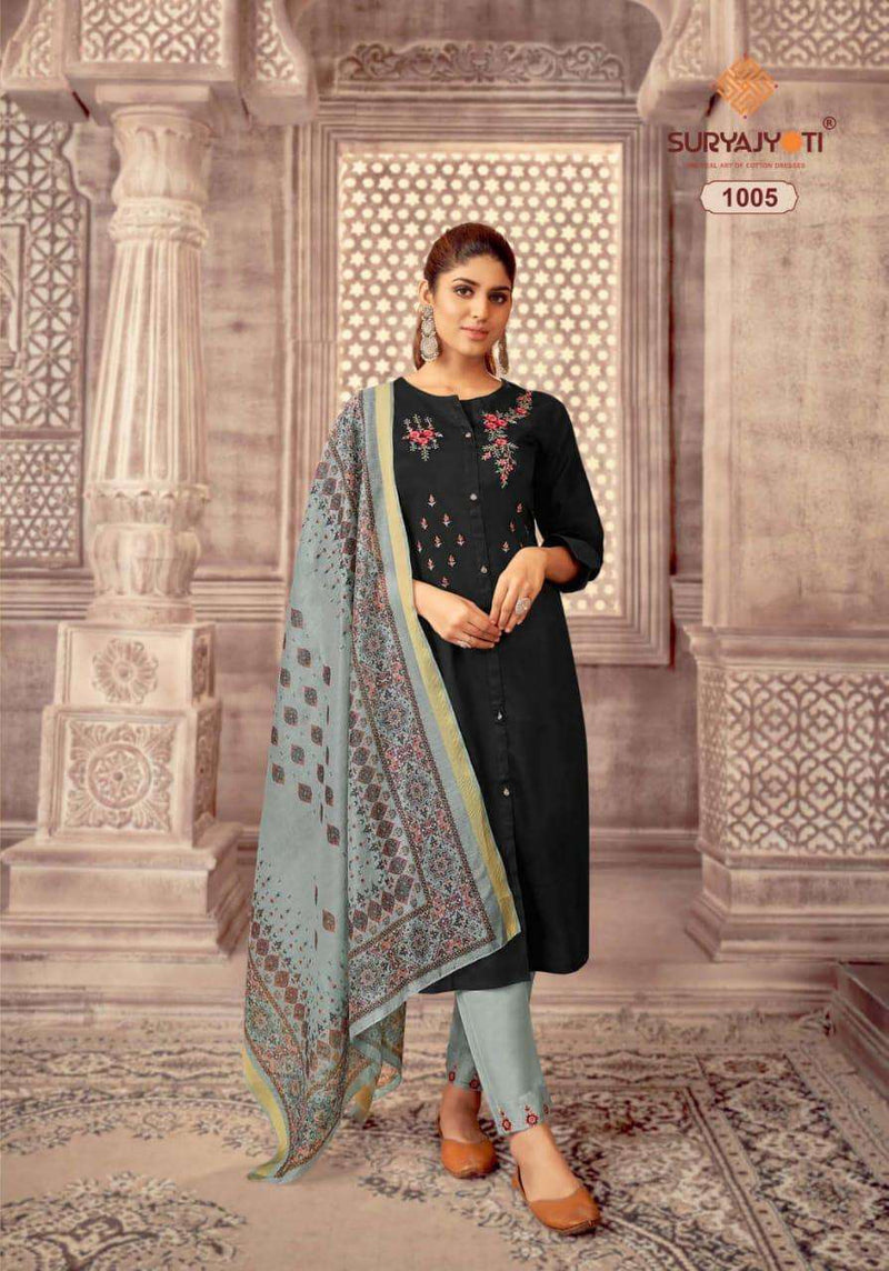 Surya Jyoti Neeza Vol 1 Jam Satin A Line Fancy Stylish Party Wear Kurtis With Set Of Bottom & Dupatta