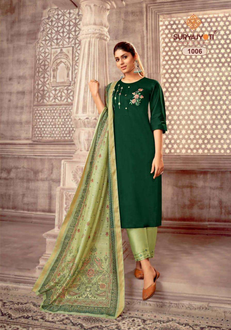 Surya Jyoti Neeza Vol 1 Jam Satin A Line Fancy Stylish Party Wear Kurtis With Set Of Bottom & Dupatta