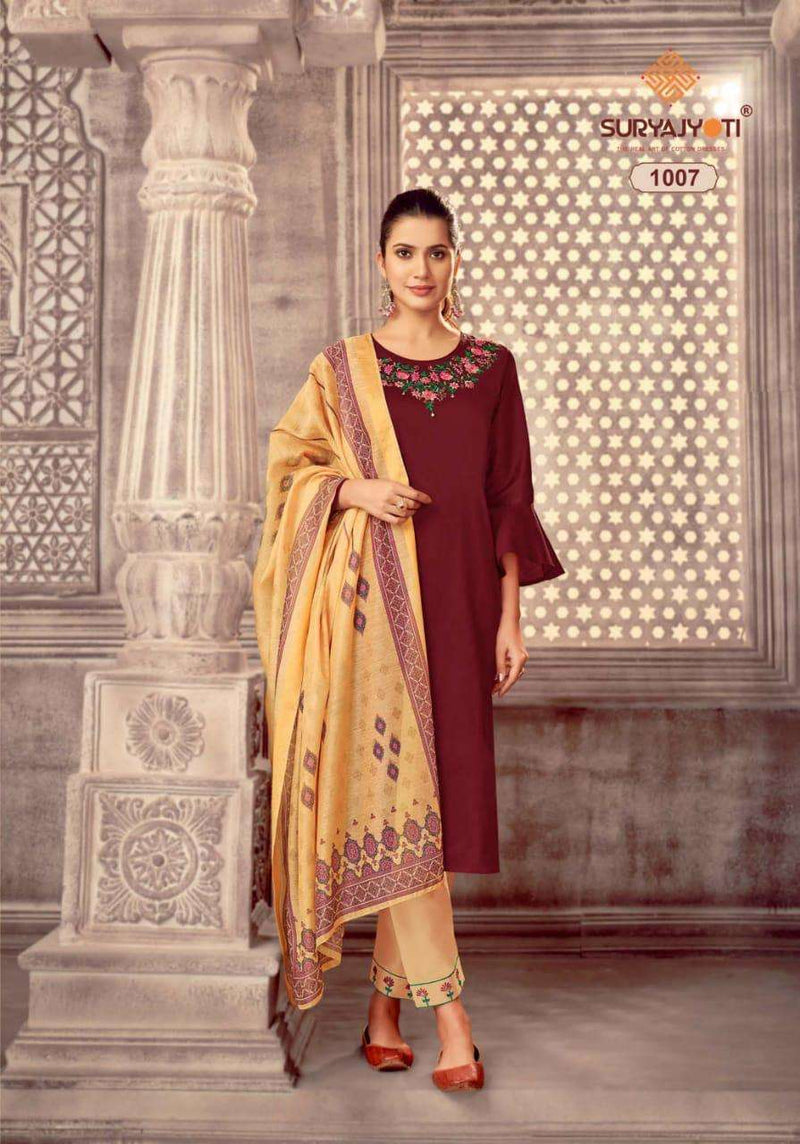 Surya Jyoti Neeza Vol 1 Jam Satin A Line Fancy Stylish Party Wear Kurtis With Set Of Bottom & Dupatta