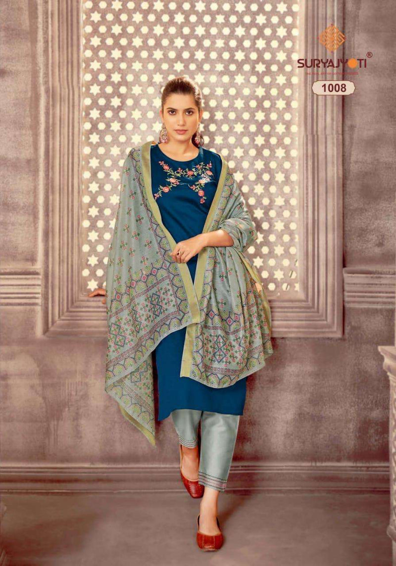 Surya Jyoti Neeza Vol 1 Jam Satin A Line Fancy Stylish Party Wear Kurtis With Set Of Bottom & Dupatta