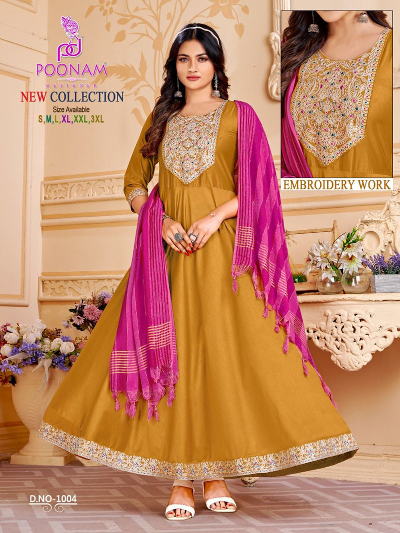 Poonam New Collection Rayon Modal Silk Heavy Embroidery Work Stylish Designer Long Gown