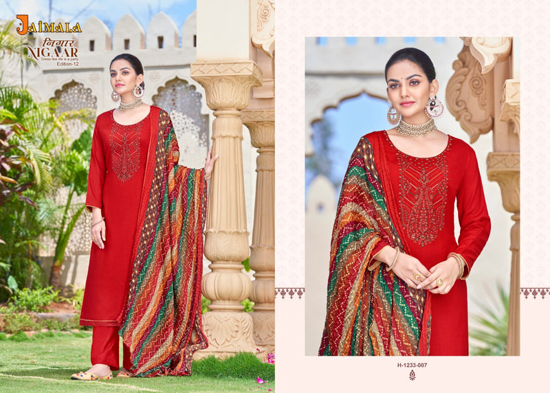 Alok Suits Jaimala Nigaar Vol 12 Pure Rayon Slub Embroidery Swarovski Diamond Work Designer Salwar Suit