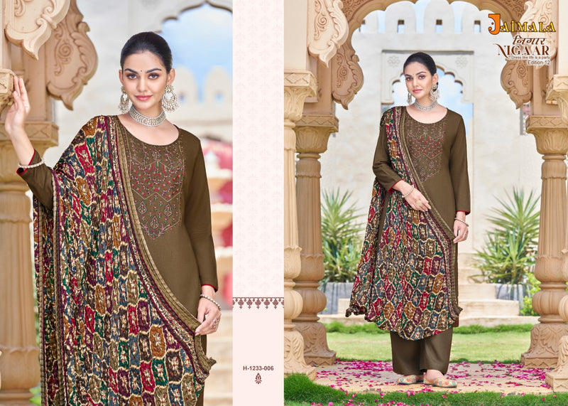 Alok Suits Jaimala Nigaar Vol 12 Pure Rayon Slub Embroidery Swarovski Diamond Work Designer Salwar Suit
