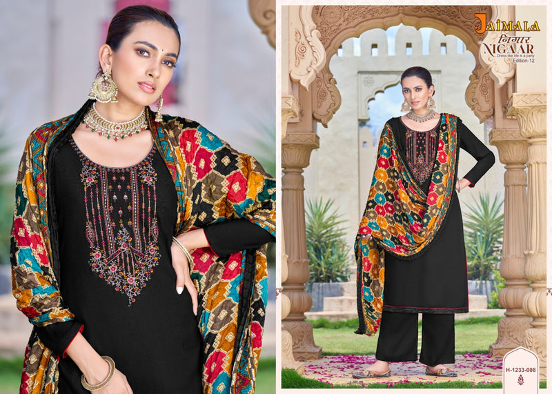 Alok Suits Jaimala Nigaar Vol 12 Pure Rayon Slub Embroidery Swarovski Diamond Work Designer Salwar Suit