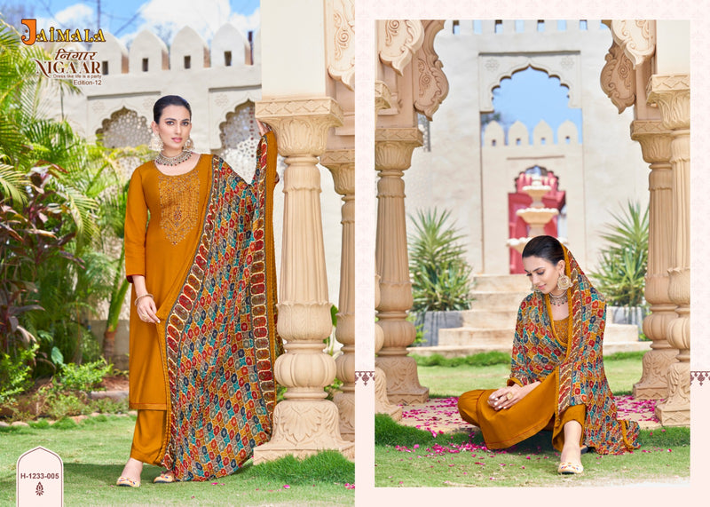 Alok Suits Jaimala Nigaar Vol 12 Pure Rayon Slub Embroidery Swarovski Diamond Work Designer Salwar Suit
