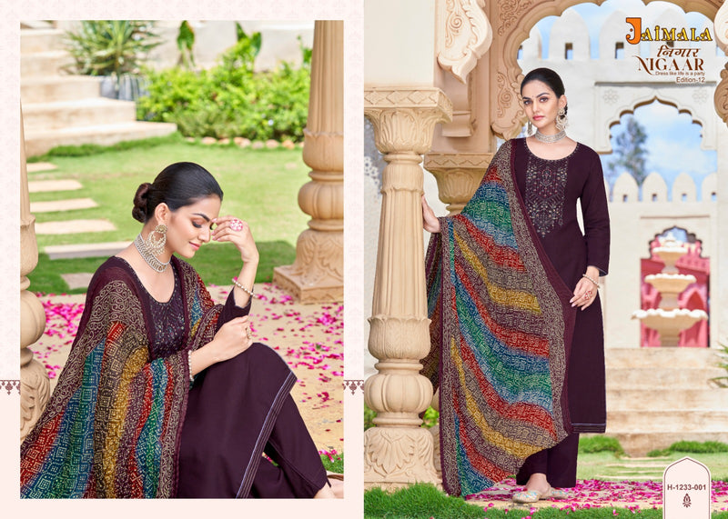 Alok Suits Jaimala Nigaar Vol 12 Pure Rayon Slub Embroidery Swarovski Diamond Work Designer Salwar Suit