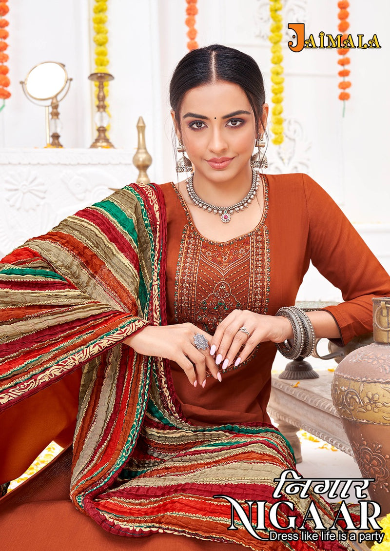 Alok Suits Jaimala Nigaar Rayon Slub Embroidery Designer Festive Wear Salwar Suits