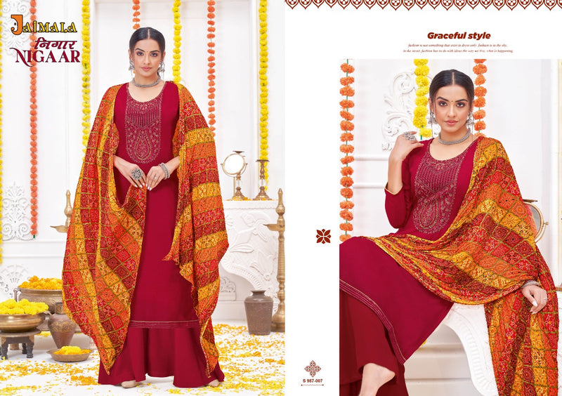 Alok Suits Jaimala Nigaar Rayon Slub Embroidery Designer Festive Wear Salwar Suits