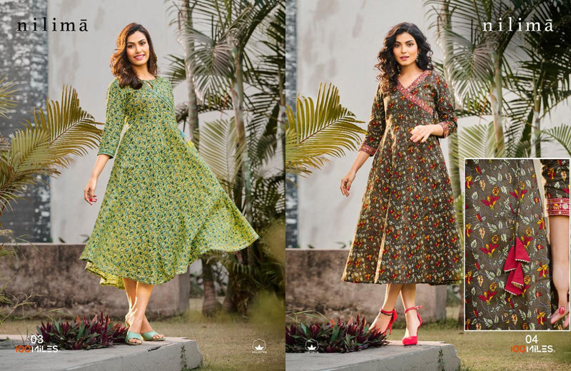 100 Miles Nilima Pure Cotton Printed Long Party Wear Kurtis