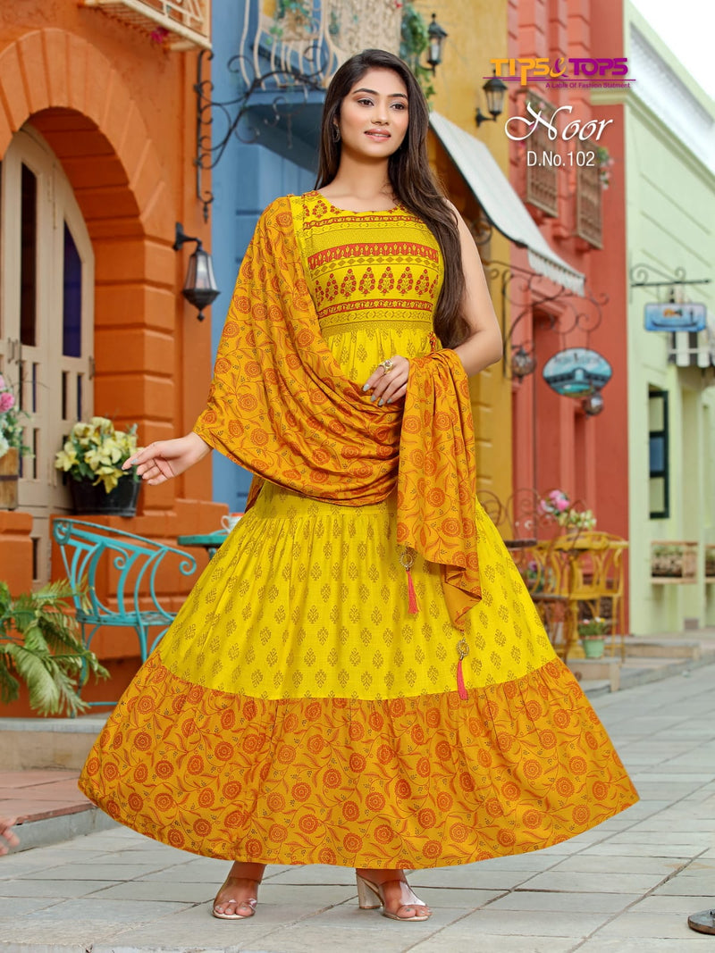 Tips & Tops Noor Rayon With Printed Work Stylish Designer Casual Look  Beautiful Kurti