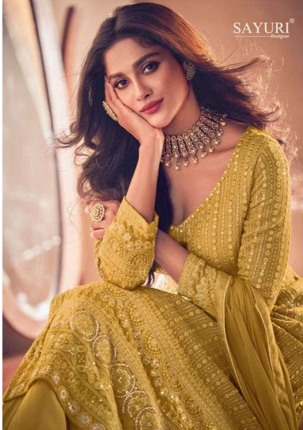 Sayuri Designer Noor Gold Georgette Heavy Party Wear Kurtis With Skirt