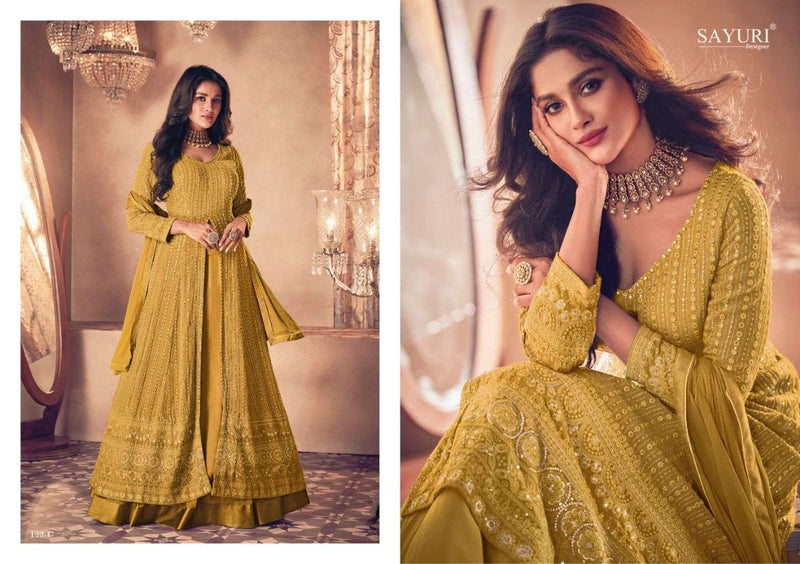 Sayuri Designer Noor Gold Georgette Heavy Party Wear Kurtis With Skirt