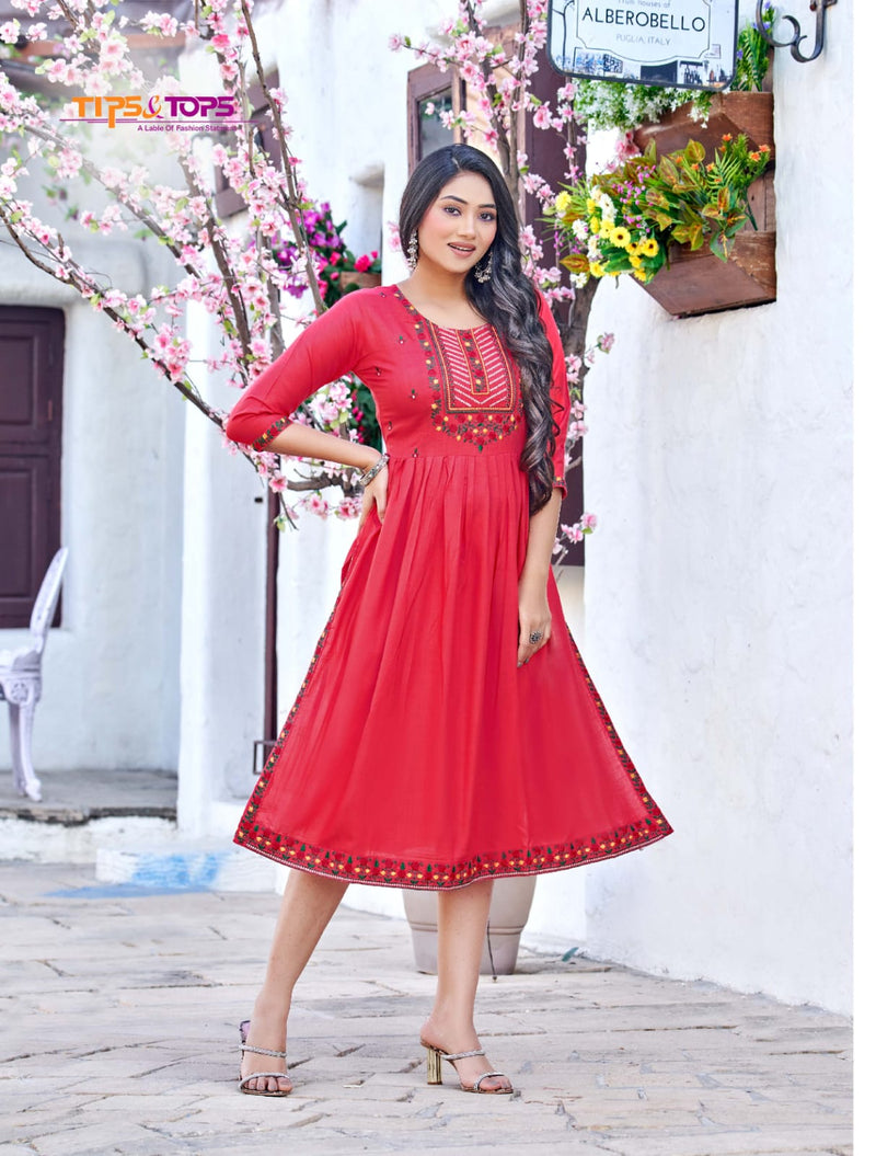 Tips & Tops Nyra Rayon With Heavy Beautiful Work Stylish Designer Party Wear Fancy Kurti