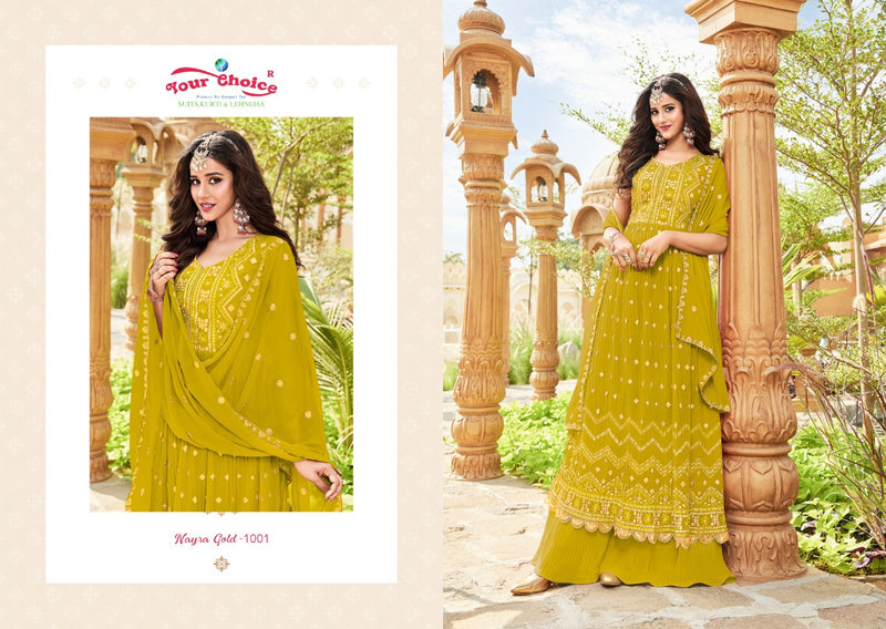Your Choice Nyraa Gold Georgette With Beautiful Work Stylish Designer Wedding Look Fancy Salwar Kameez