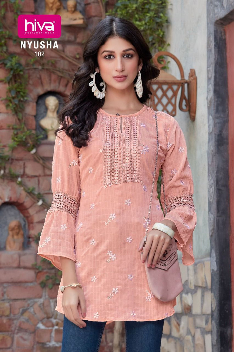 Hiva Designer Nyusha Georgette Fancy Stylish Western Wear Top Style Short Kurtis
