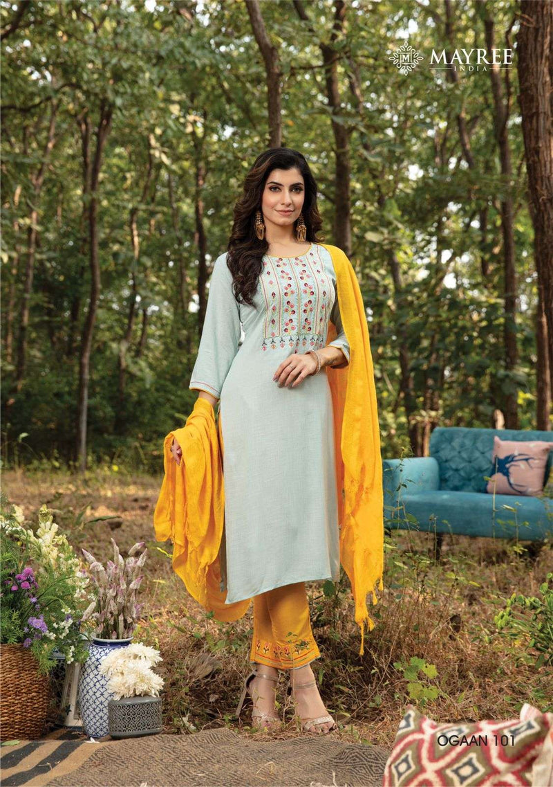 Mayree India Ogaan Rayon Fancy Embroidered Festive Wear Kurtis With Dupatta & Bottom