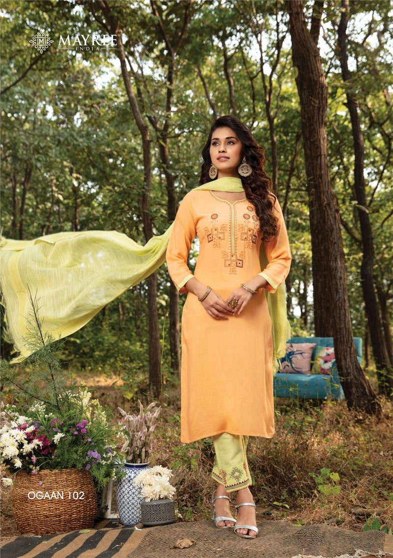 Mayree India Ogaan Rayon Fancy Embroidered Festive Wear Kurtis With Dupatta & Bottom