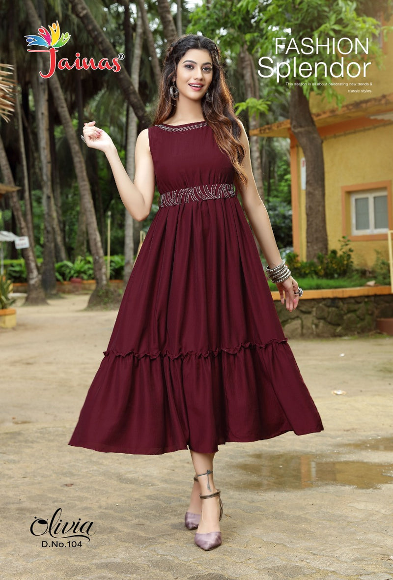 Jainas Olivia Chinon With Fancy Work Stylish Designer Beautiful Look Short Kurti