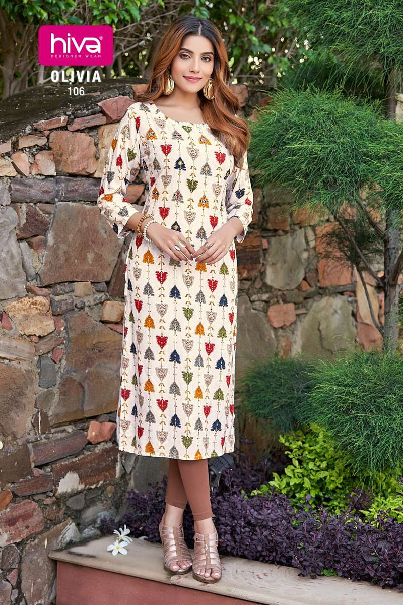 Hiva Designer Olivia Rayon Print Stylish Party Wear Kurtis