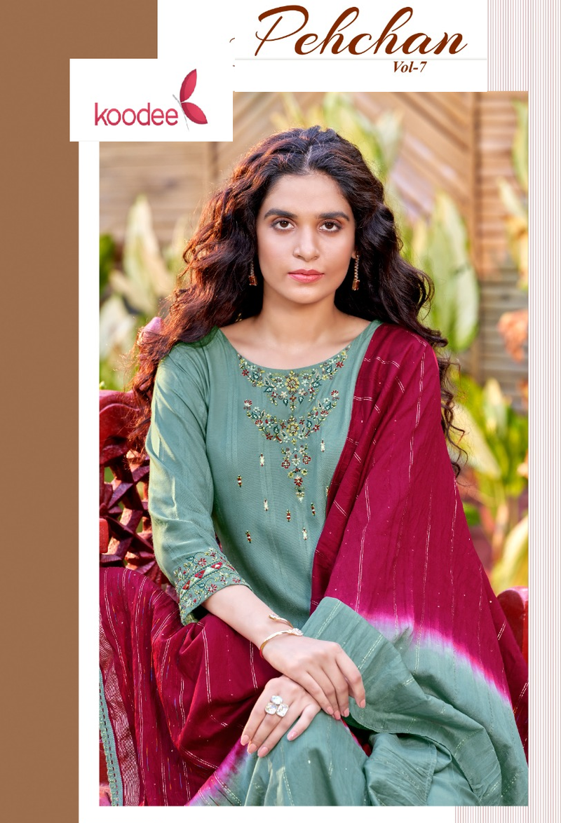 Koodee Fashion Pahechan Vol 7 Viscose Fancy Designer Festive Wear Kurtis With Plazo & Dupatta