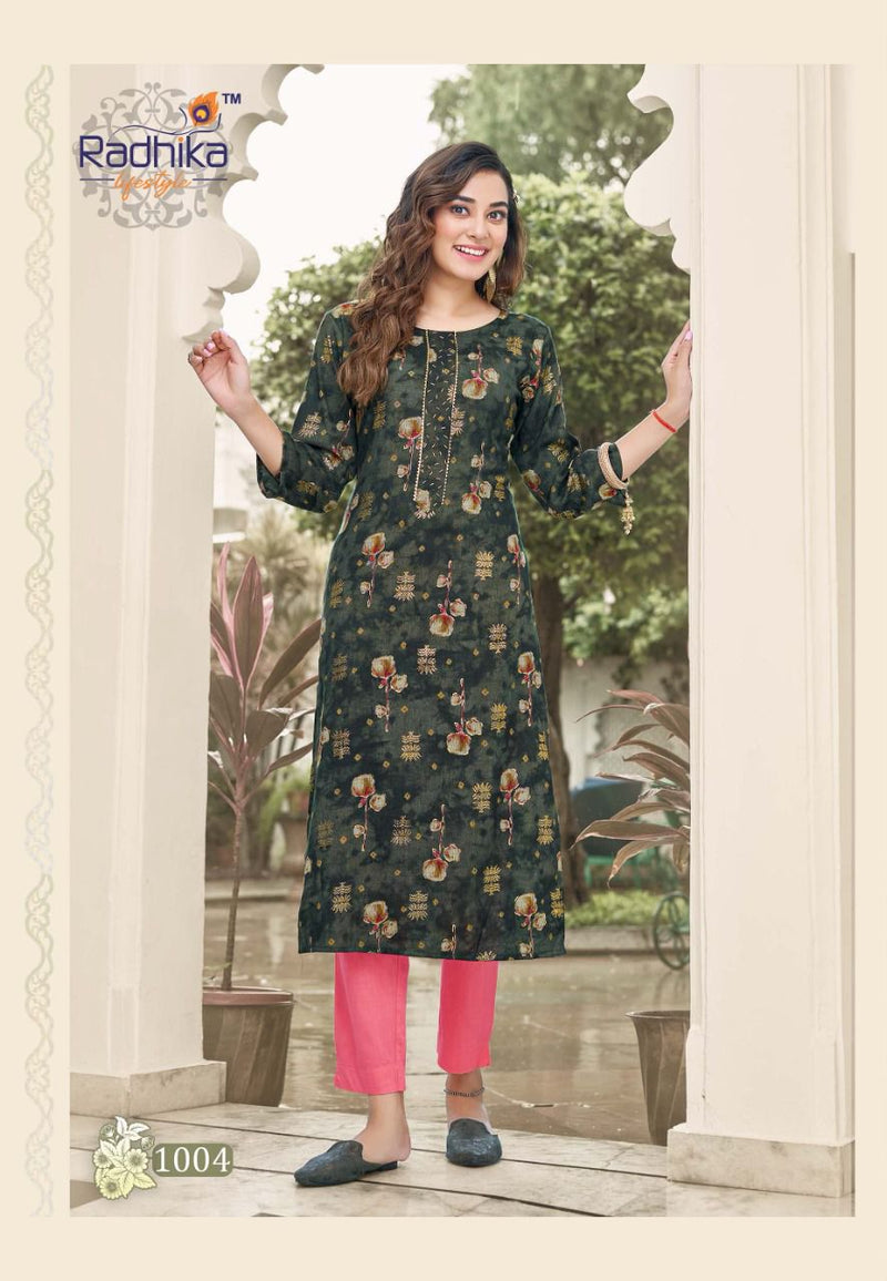 Radhika Lifestyle Paheli Vol 1 Rayon With Fancy Work Stylish Designer Casual Wear Fancy Kurti