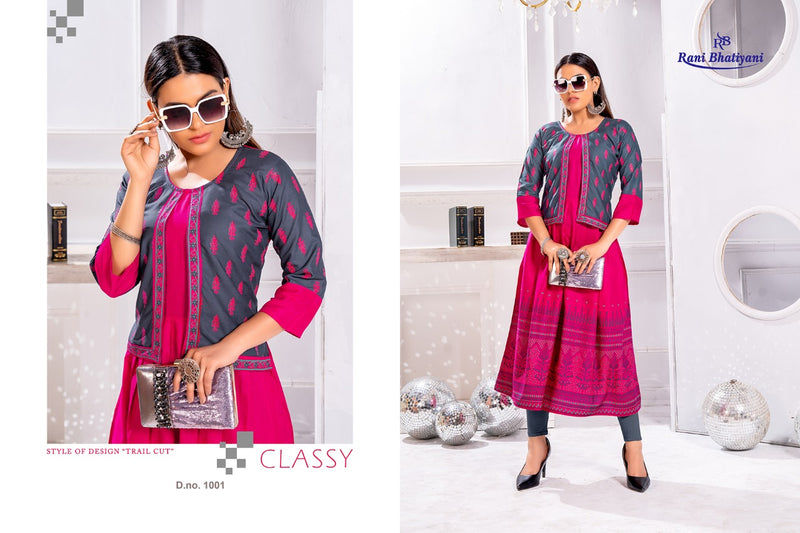 Rani Bhatiyani Pakhi Vol 1 Rayon Fancy Koti Style Party Wear Kurtis