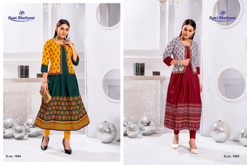 Rani Bhatiyani Pakhi Vol 1 Rayon Fancy Koti Style Party Wear Kurtis