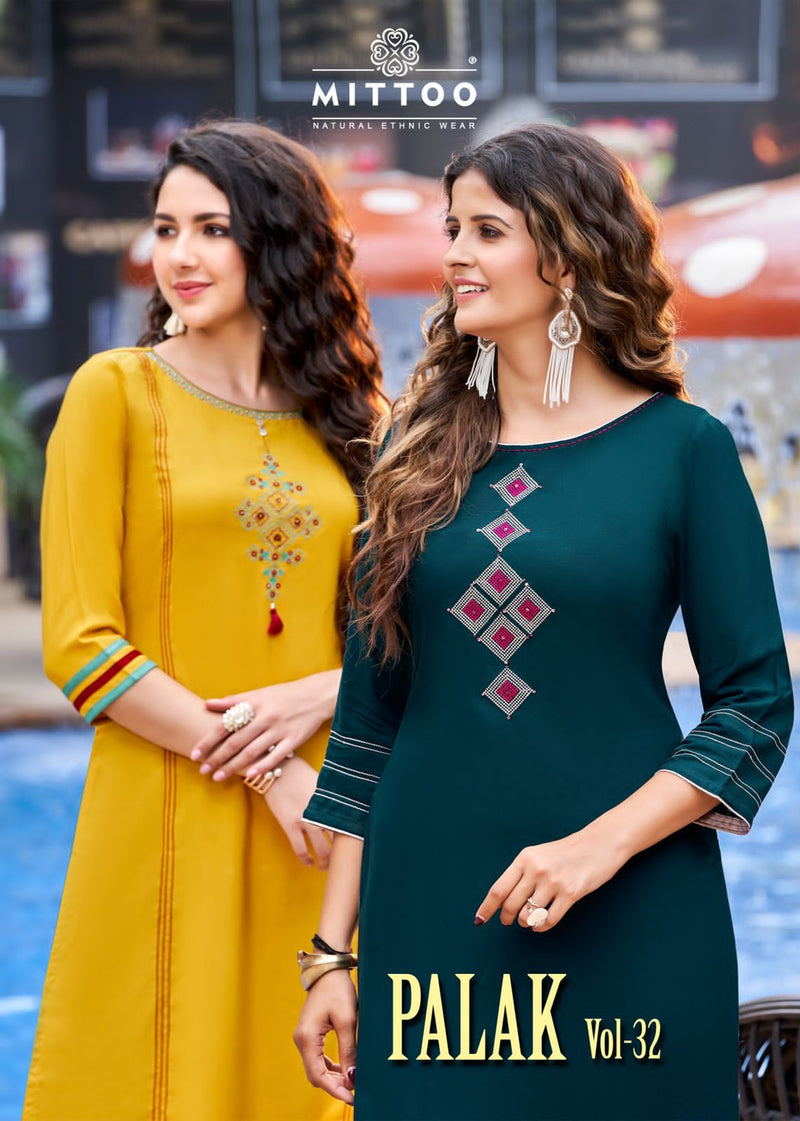 Mittoo Palak Vol 32 Rayon With Fancy Work Stylish Designer Casual Wear Kurti