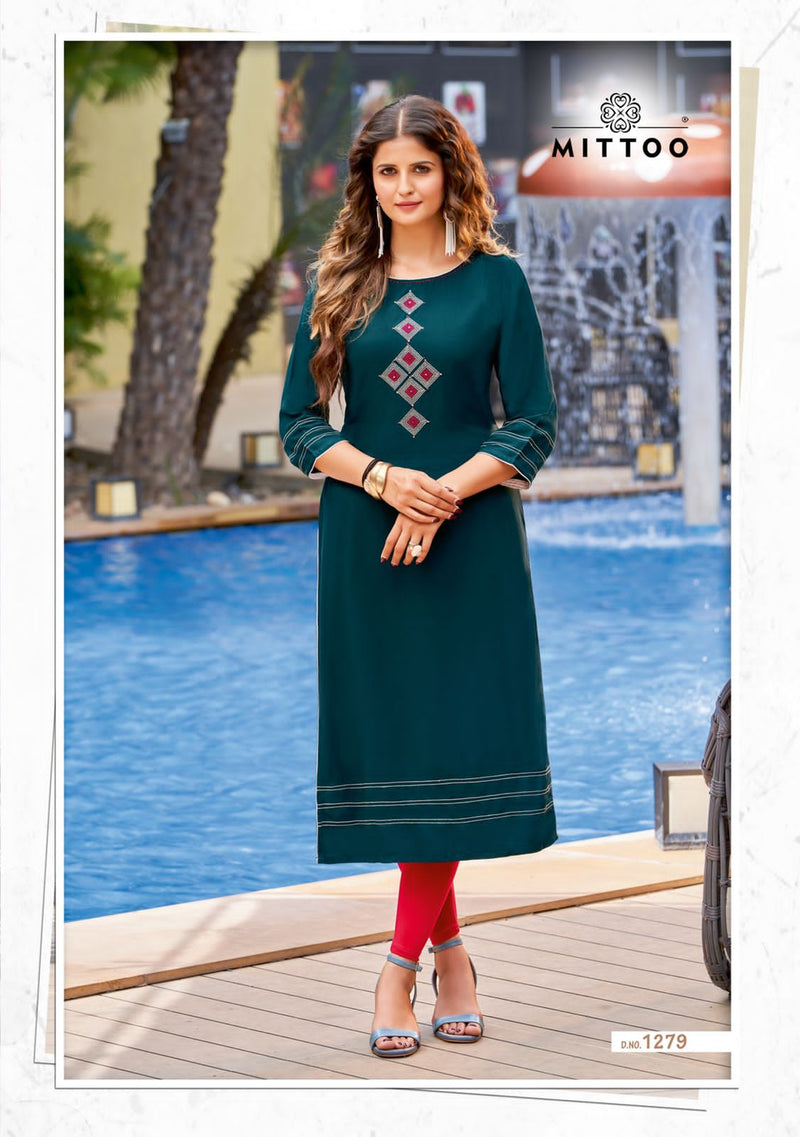 Mittoo Palak Vol 32 Rayon With Fancy Work Stylish Designer Casual Wear Kurti