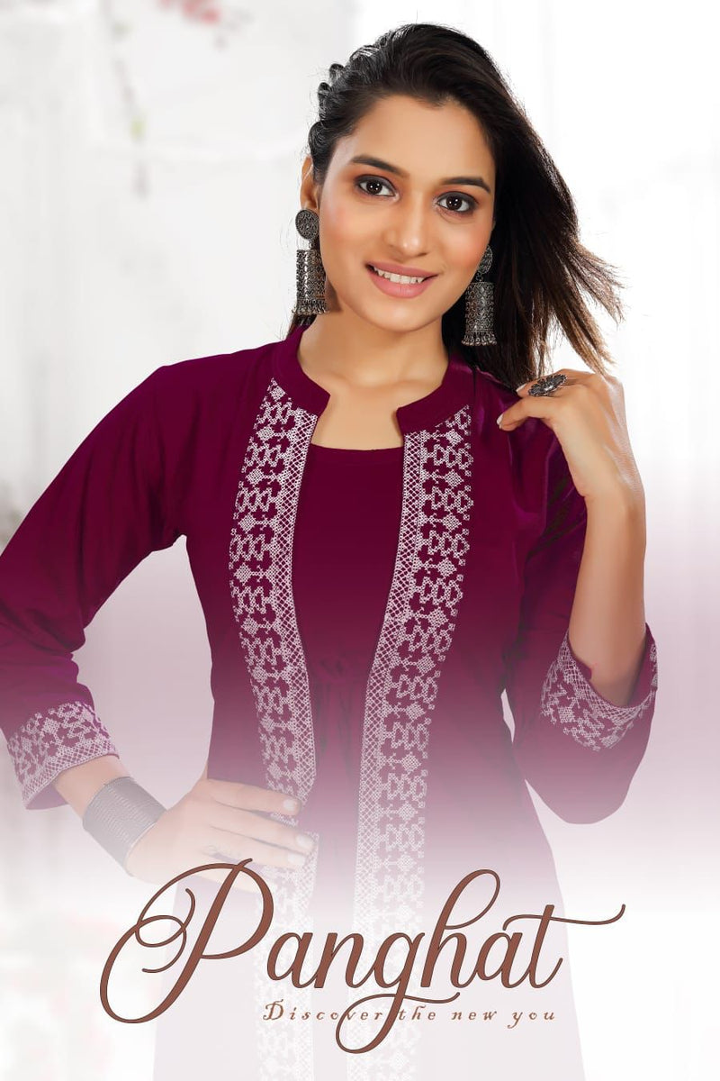 MF Panghat Vol 1 Rayon Embroidered Designer Frock Style Fancy Party Wear Kurtis
