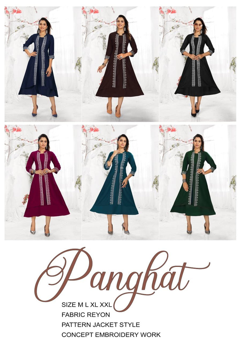 MF Panghat Vol 1 Rayon Embroidered Designer Frock Style Fancy Party Wear Kurtis