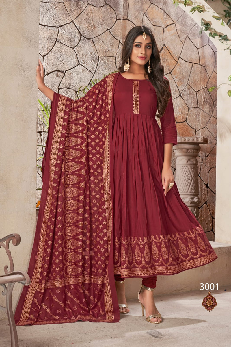 Banwery Fashion Pankh Vol 3 Rayon Party Wear Anarkali Style Gown  Kurtis With Golden Foil Print