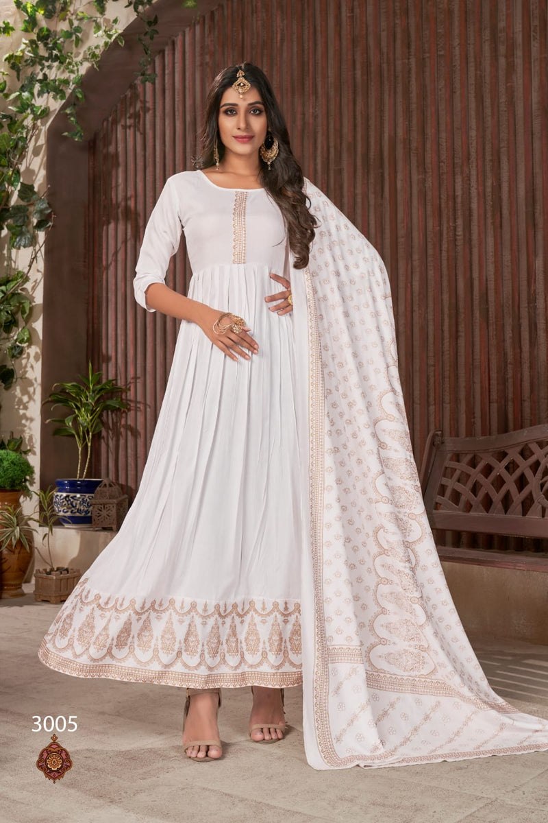 Banwery Fashion Pankh Vol 3 Rayon Party Wear Anarkali Style Gown  Kurtis With Golden Foil Print