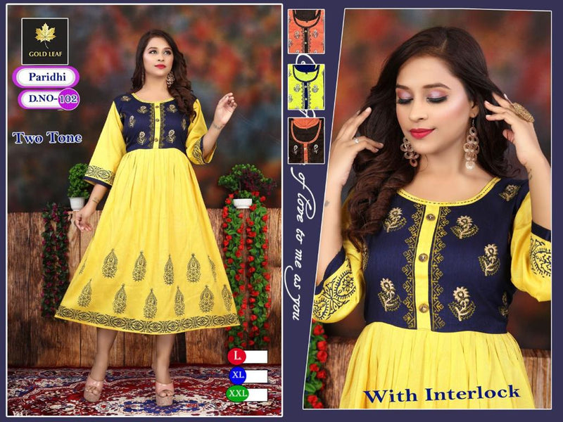 Gold Leaf Paridhi Rayon Fancy Party Wear Frock Style Kurtis