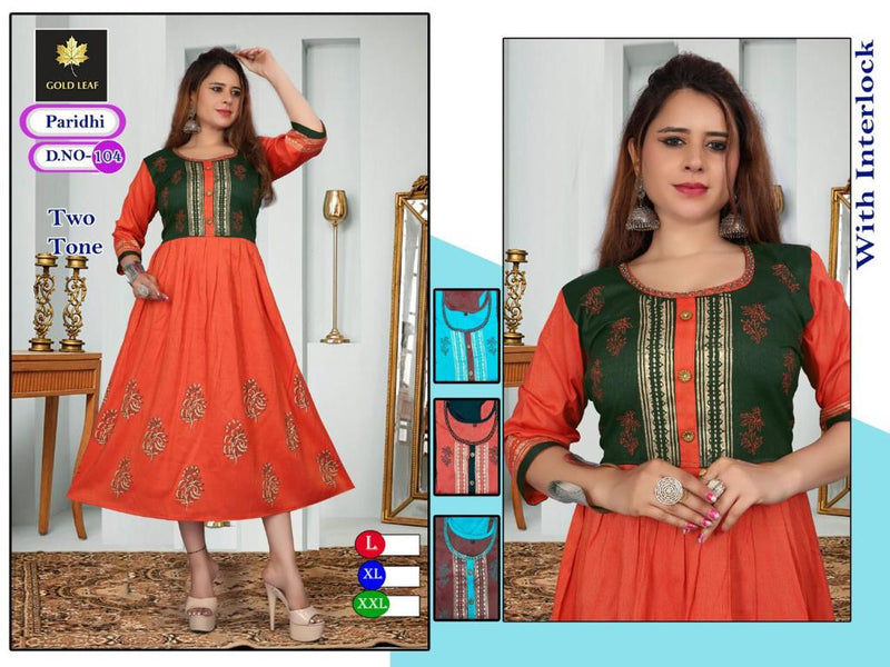 Gold Leaf Paridhi Rayon Fancy Party Wear Frock Style Kurtis